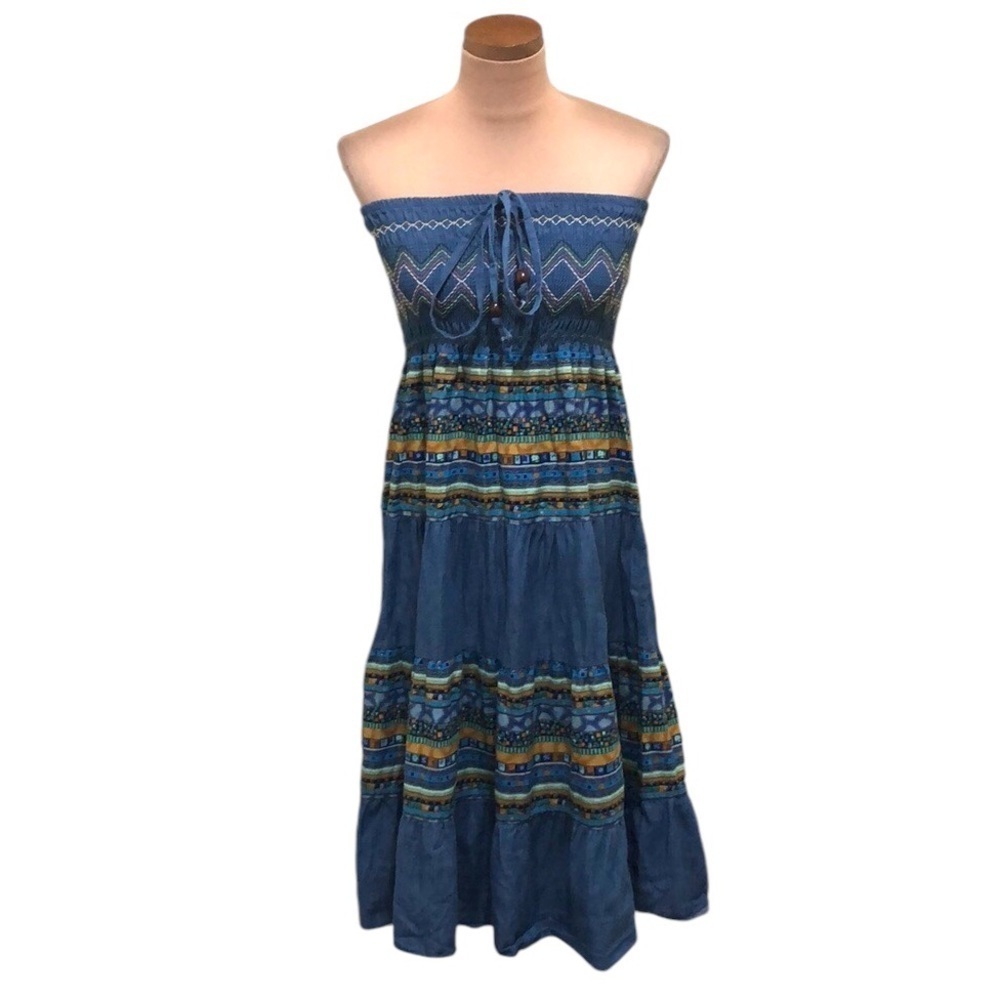 Vintage Midi Dress Size Small Blue Embroidered Tribal Print Chambray